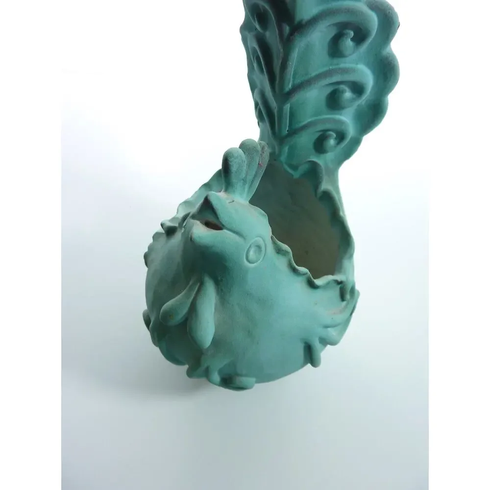 Vintage Signed Studio Pottery Blue Ceramic Rooster Chicken Planter Pot 8.5